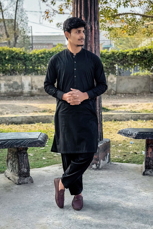 Black Cotton Shalwar Kameez - Stitched
